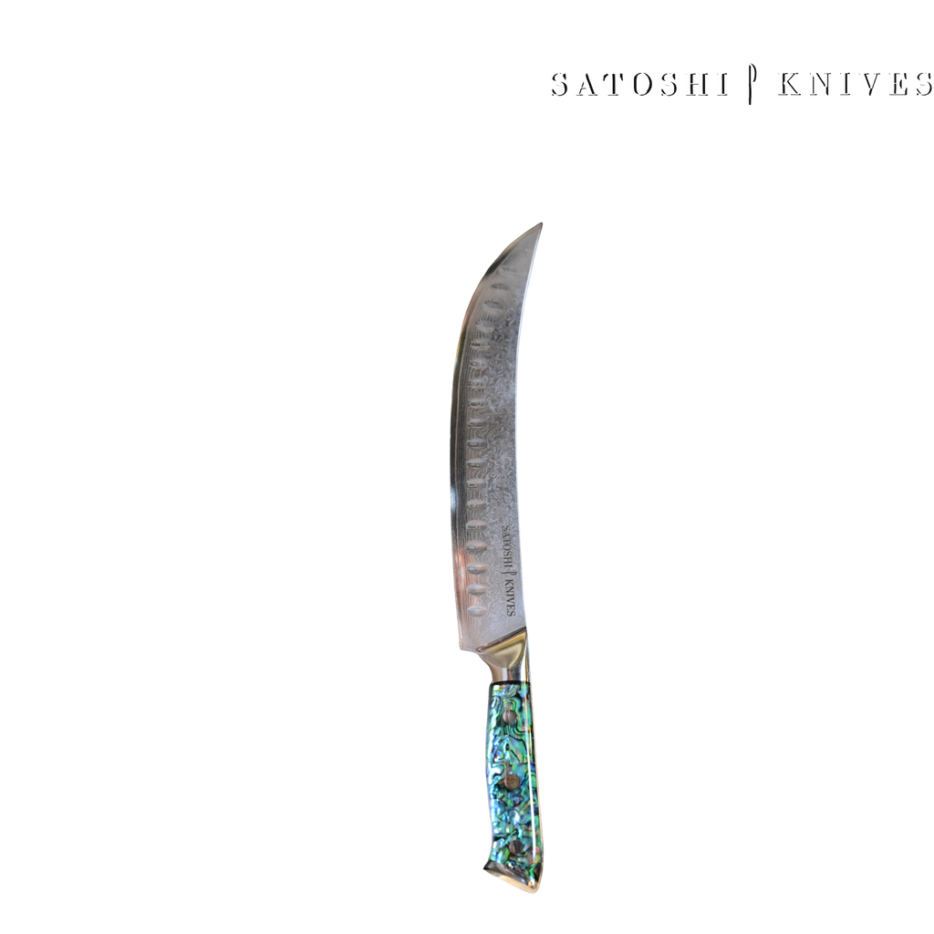 	•	סכין קרניבור 25 ס״מ – ידית טורקיז על קרש חיתוך | Satoshi Knives טורקיז